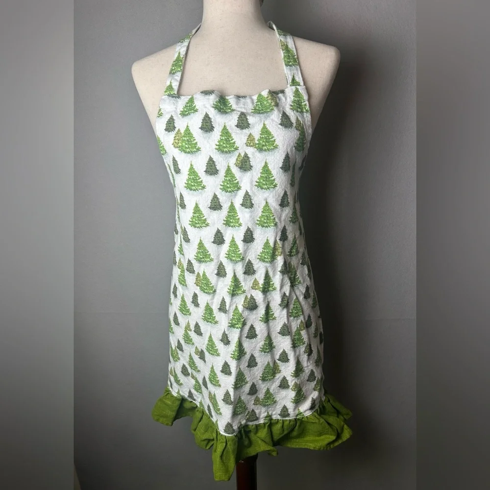 Green‎ Christmas Tree Ruffled Full Apron bib holiday baking one size
